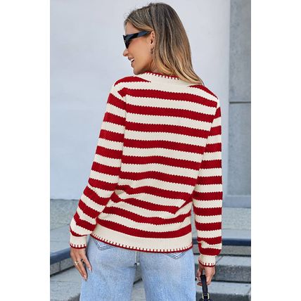 Red Stripe Chic Golden Button Cardigan Sweater