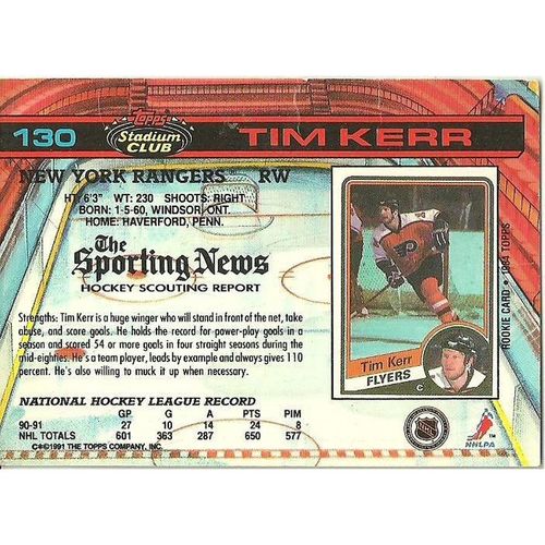 Topps Stadium Club 1991 NHL Hockey Trading Card #130 Tim Kerr New York Rangers