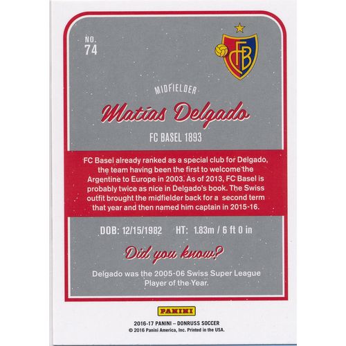 2016 Donruss Soccer 74 Matias Delgado FC Basel 1893