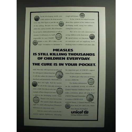 1991 Unicef United Nations Children's Fund Ad - Measles is still killing