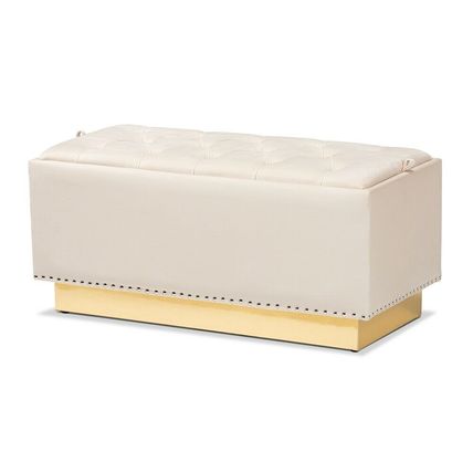 Luxe Storage Bench Ottoman Velvet Fabric Upholstered Silver Stud-Beige Gray Blue