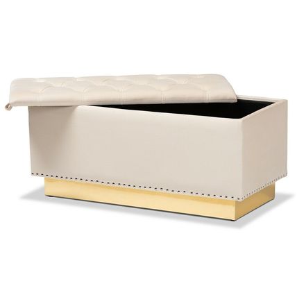 Luxe Storage Bench Ottoman Velvet Fabric Upholstered Silver Stud-Beige Gray Blue
