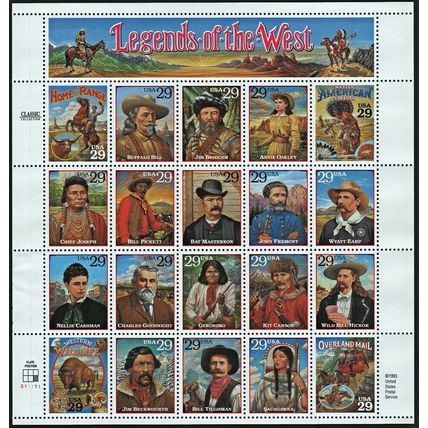 Legends of the West Complete Pane of Twenty 29 Cent Stamps Scott 2869