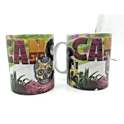 (2) Cancun Mugs - Colorful! Skull/Skeleton/Sombrero - Mexico - Coffee/Tea Cups