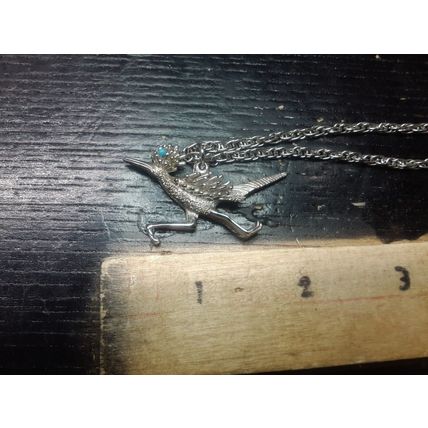 Roadrunner Blue Glass Eye Necklace Running Bird Feathers