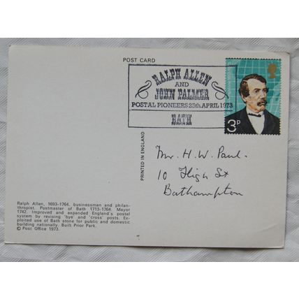 1973 postcard Ralph Allen & John Palmer, Bath Postal Pioneers