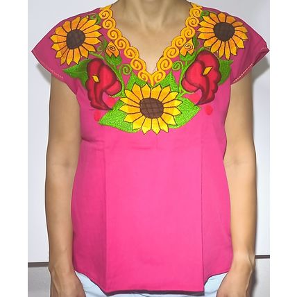 Sunflowers & Calla Lillies Embroidered Cotton Canvas Pink Blouse Chiapas Mexico