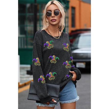 Black Mardi Gras Sequined Fleur De Lis Pattern Corded Sweatshirt