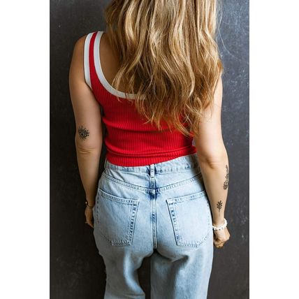 Fiery Red Colorblock Edge Ribbed Knit U Neck Tank Top