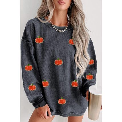 Gray Halloween Pumpkin Graphic Drop Shoulder Ribbed Sweatshirt