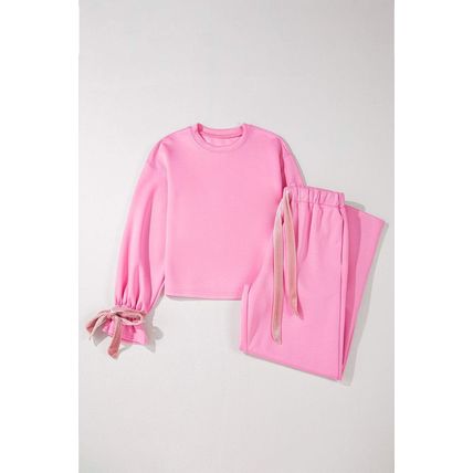 Bonbon Solid Color Drawstring Long Sleeve Top and Pants Set
