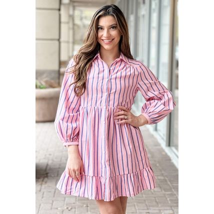 Pink Stripe Ruffled Hem Button-up Collared Shirt Mini Dress