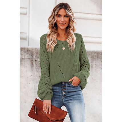 Green Hollow-out Puffy Sleeve Knit Sweater