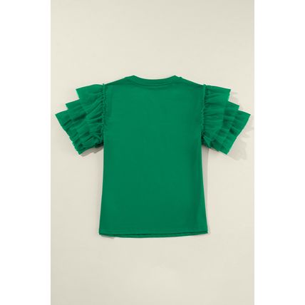 Dark Green Tulle Ruffle Sleeve Blouse