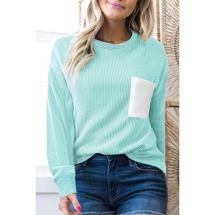 Iceland Blue 3D Ribbed Texture Contrast Patched Pocket Long Sleeve Top