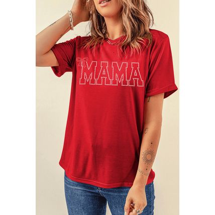 Red Rhinestone MAMA Bow Knot Pattern Crew Neck Loose Tee