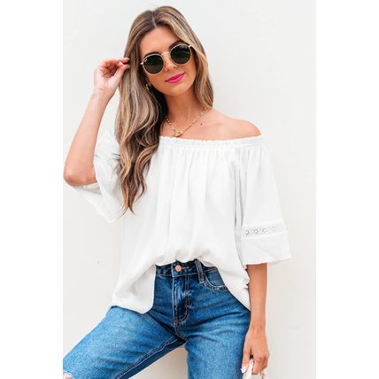 White Frilly Off Shoulder Lace Insert Sleeve Textured Blouse
