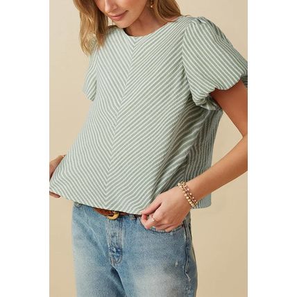 Green Stripe Textured Round Neck Short Puff Sleeve Blouse