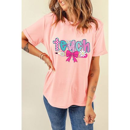 Pink Preppy Retro Checkered Coquette Teach Graphic T-Shirt
