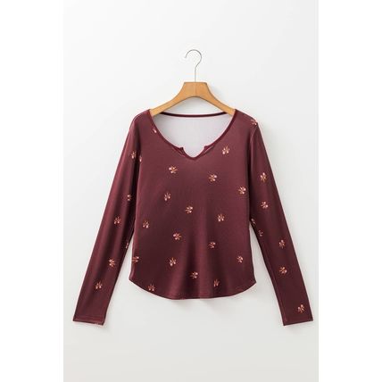Burgundy Notched Neck Floral Print Ribbed Long Sleeve Top