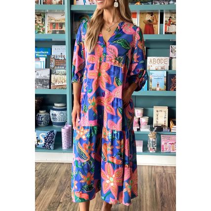 Blue Floral Print 3/4 Sleeve V Neck Tiered Long Dress