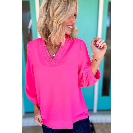 Bright Pink Frilled V Neckline Bracelet Sleeve Crinkled Blouse