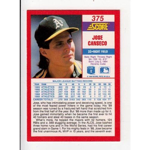 1990 Score Jose Canseco baseball card #375 – Athletics
