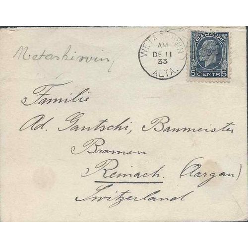 Canada Medellion Issue 1933 #199 5 Cent Letter Rate to Switzerland