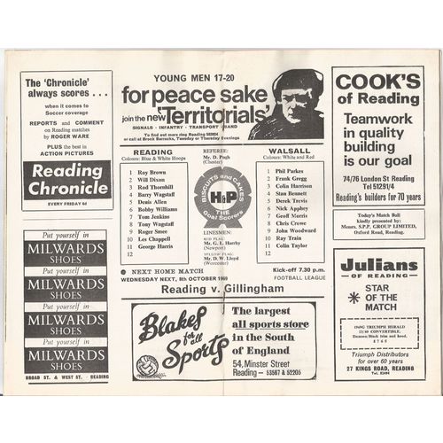 1969-70 READING v WALSALL (Very Good To Excellent Condition - No Writing)