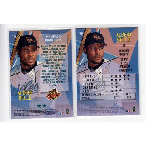 Two 1999 Topps Stars Albert Belle baseball cards #16 –No stars and two stars