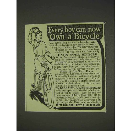 1913 Mead Cycle Ranger Bicycle Ad - Every Boy Can Own
