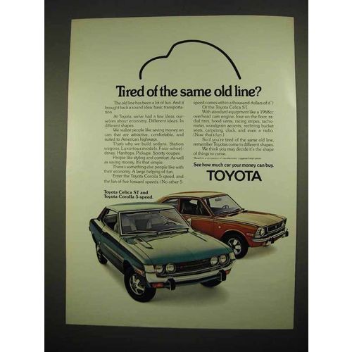 1973 Toyota Celica ST and Corolla 5-Speed Car Ad