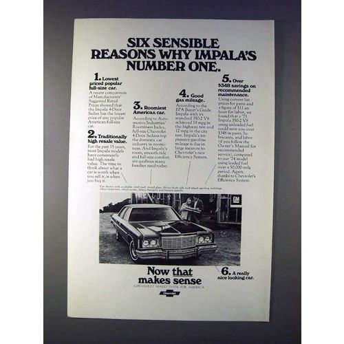 1975 Chevrolet Impala Car Ad - Six Sensible Reasons
