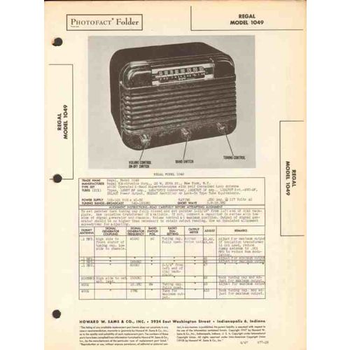 REGAL model 1049 6 tube AM SW radio receiver Sams Photofact manual