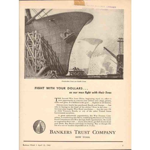 BANKERS TRUST COMPANY 1943 Production lines battle line WW2 vintage ad