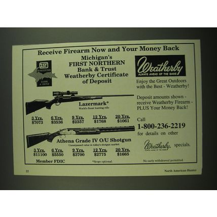 1993 First Northern Bank & Trust Ad - Weatherby Lazermark Rifle, Athena Shotgun