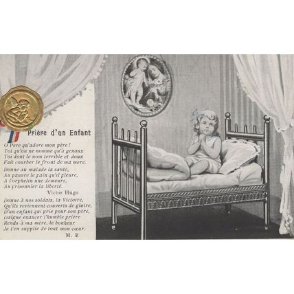 French Prayer Of A Child Metallic Medal Effect Old Postcard
