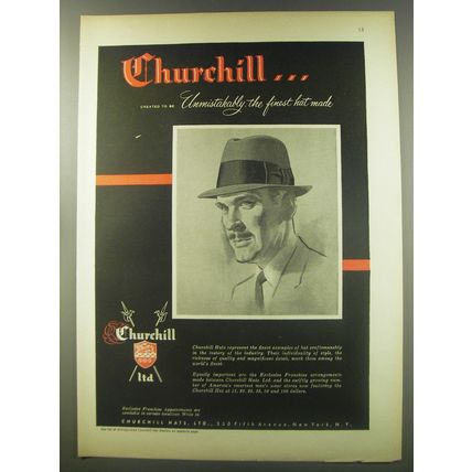 1956 Churchill Hats Ad - Created to be Unmistakably the finest hat made