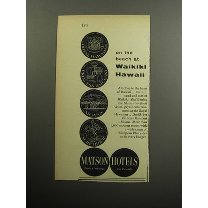 1957 Matson Hotels Advertisement - On the beach at Waikiki Hawaii
