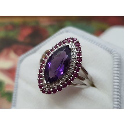 3.7ct Amethyst Burmese Ruby White Topaz Ring Size P½ Rhodium Overlay 925 Silver