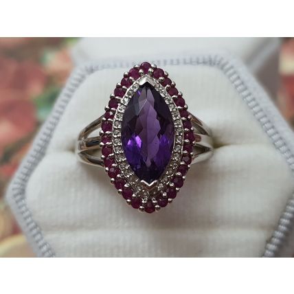 3.7ct Amethyst Burmese Ruby White Topaz Ring Size P½ Rhodium Overlay 925 Silver
