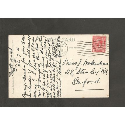 Genealogy Postcard Miss J McMeikan 28 Stanley Rd Oxford 1931 Pratts hotel Bath