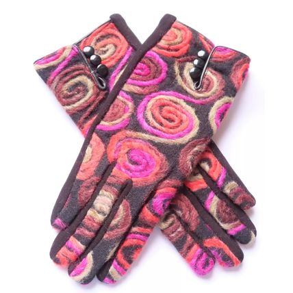 Ladies Pink Swirls Gloves with Black Buttons & Back Christmas Gift