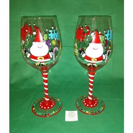 PAIR of HANDPAINTED PIER 1 CELEBRATE THE SEASON CHRISTMAS SANTA 9" WINE GLASSES