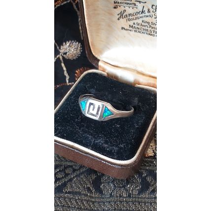Vintage 1970-s Blue Opal 925 Sterling Silver Ring Size UK R 1/2, US 8 3/4