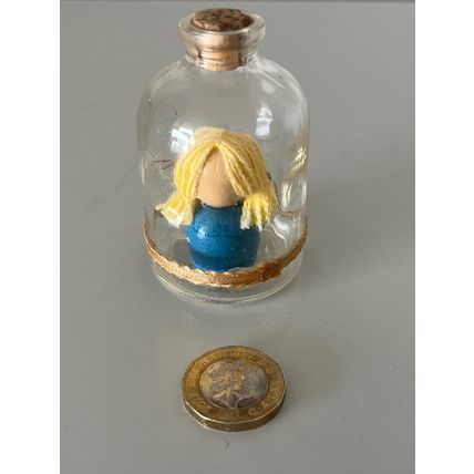 WOODEN GIRL DOLL IN GLASS BOTTLE MINIATURE