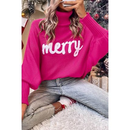 Rose Merry Letter Embroidered High Neck Sweater