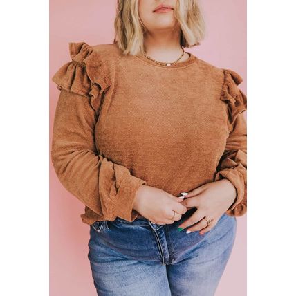 Brown Plus Size Solid Ruffled Tiered Long Sleeve Top