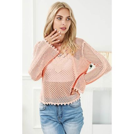 Pink Hollowed Eyelets Knit Bell Sleeve Sweater