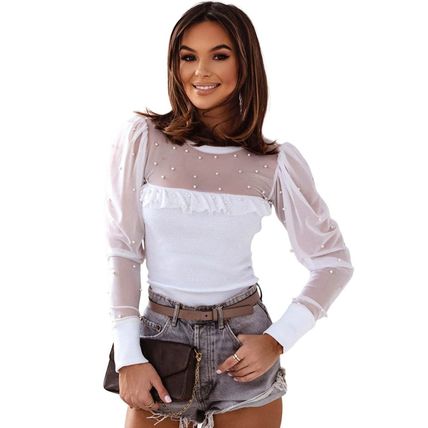 White Pearl Decor Mesh Patchwork Ribbed Long Sleeve Top